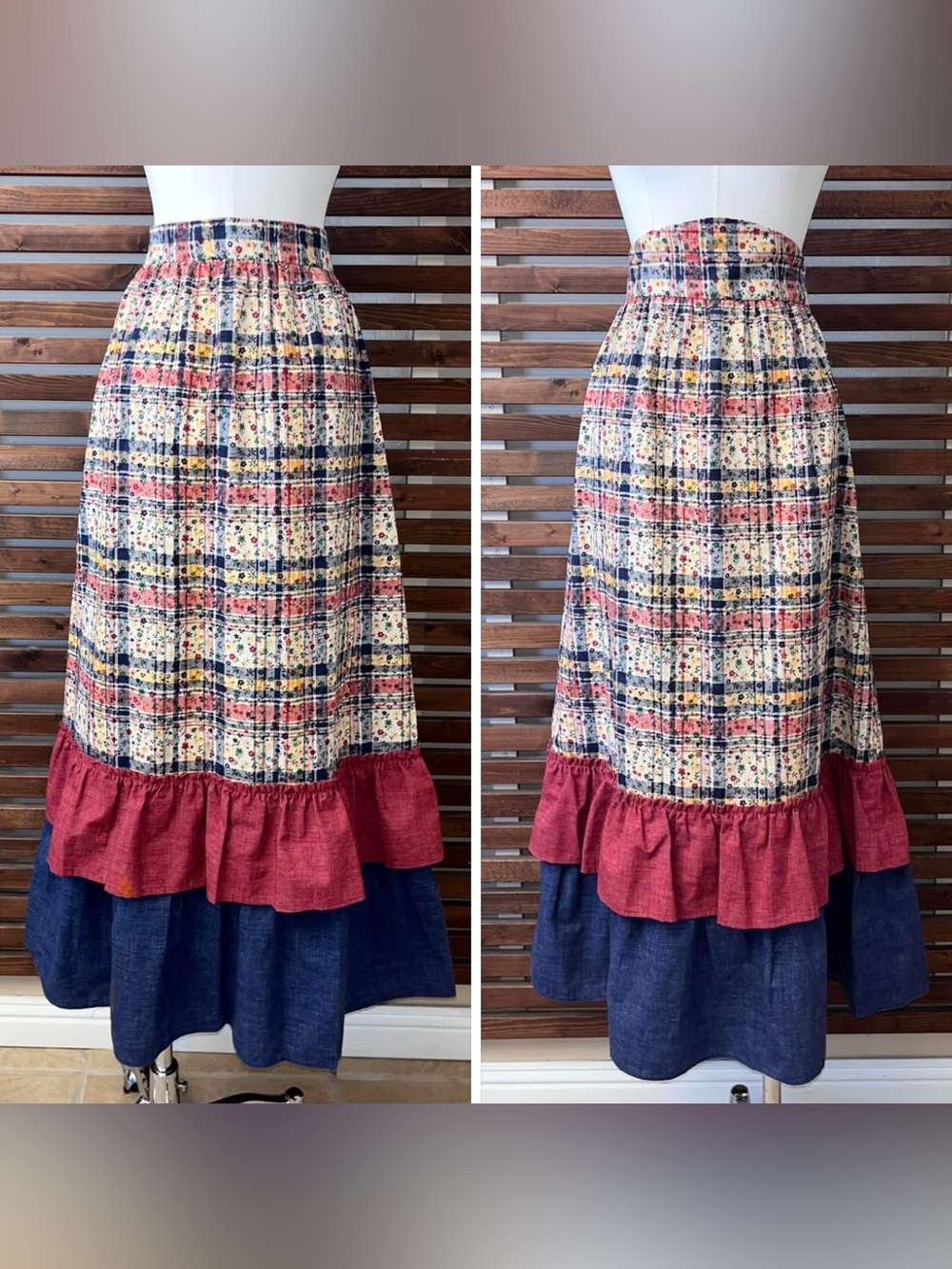1970s 70s Vintage Red Blue Yellow Floral Plaid  High Waist Layered Maxi Skirt
